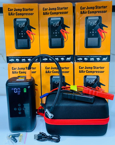 جامپ استارتر و پمپ باد شارژی هوشمند دارای صفحه دیجیتال و کیف برزنتی (پاوربانک و چراغ قوه اضطراری)