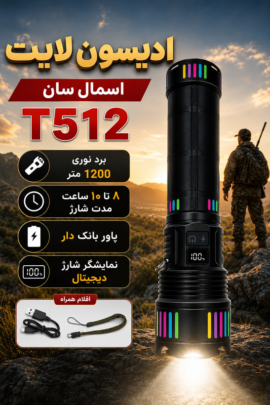 چراغ قوه شارژی اسمال سان T512 با برد ۱۲۰۰ متر و قابلیت پاوربانک