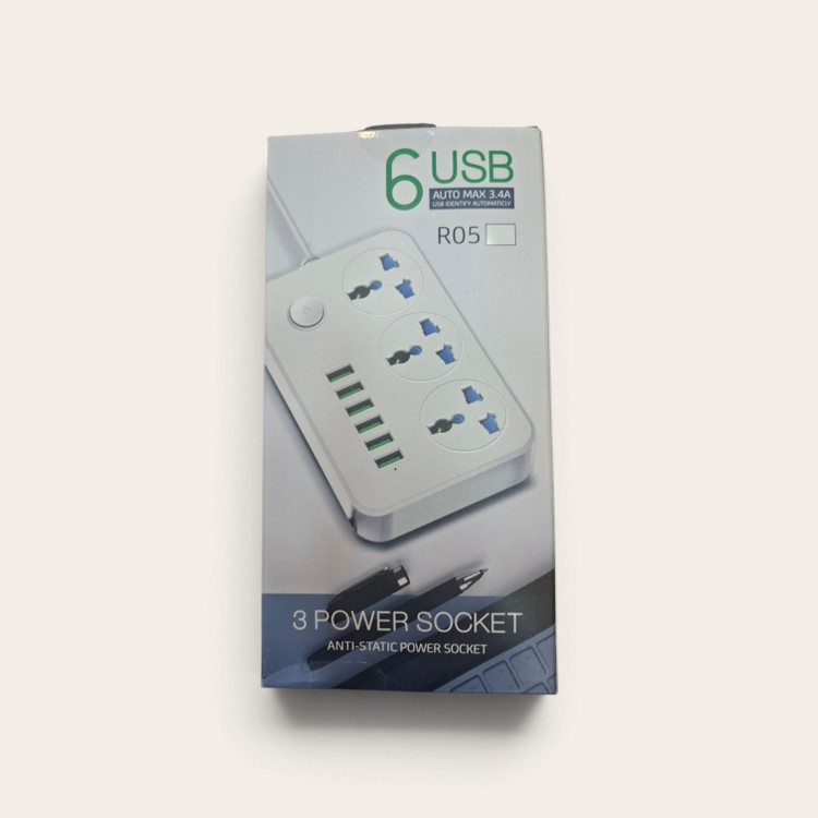 چندراهی برق ۶ پورت USB مدل R05 با ۳ پریز برق، توان ۲۵۰۰ وات و کابل ۲ متری