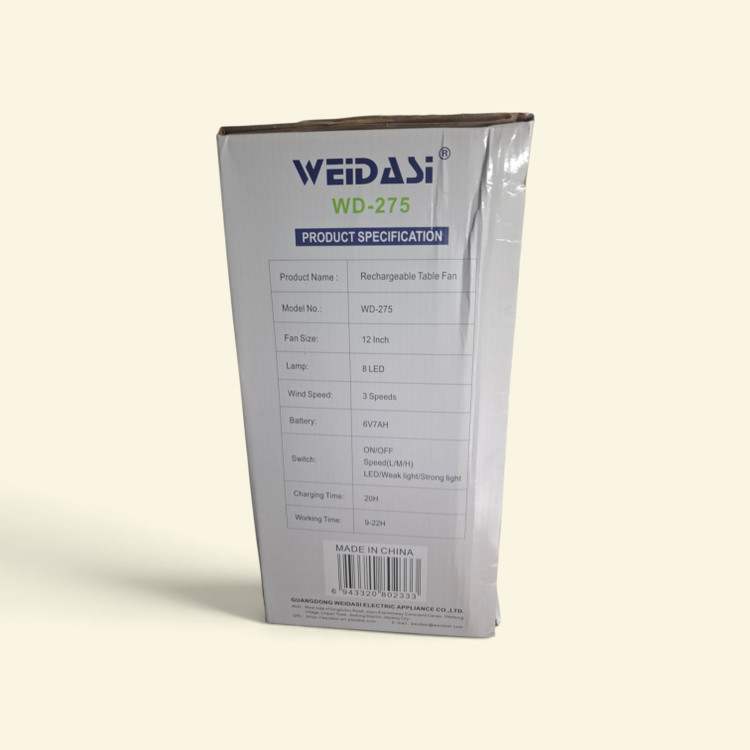 پنکه شارژی و رومیزی ویداسی (WEIDASI) مدل WD-275 سایز ۱۲ اینچ به همراه چراغ LED