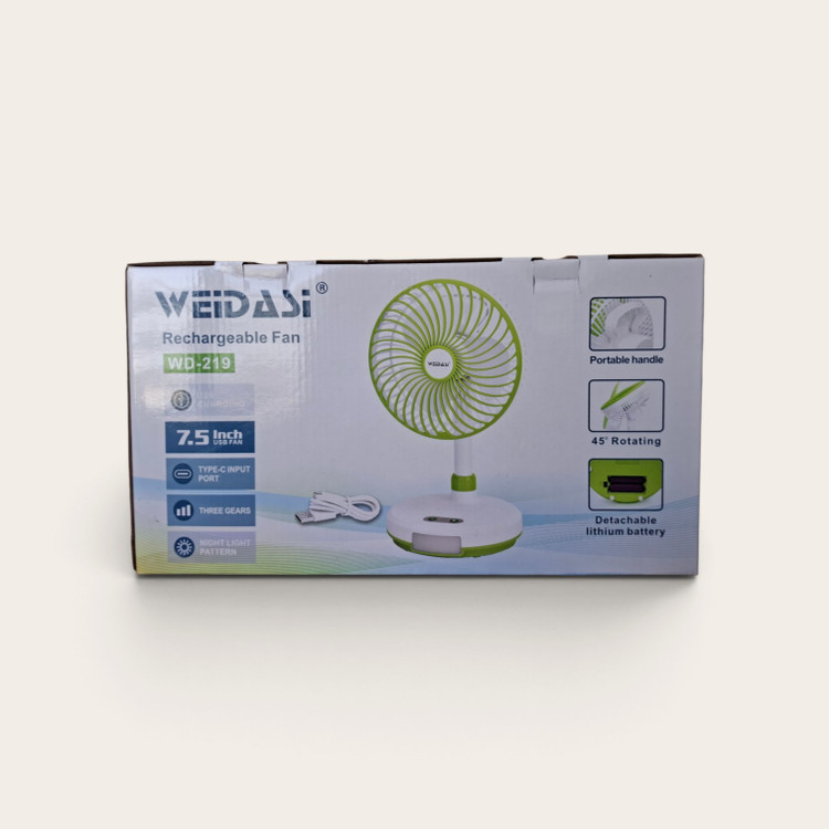 پنکه شارژی و رومیزی ویداسی (WEIDASI) مدل WD-219 سایز ۷.۵ اینچ به همراه چراغ خواب