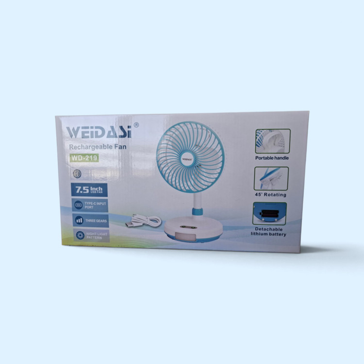 پنکه شارژی و رومیزی ویداسی (WEIDASI) مدل WD-219 سایز ۷.۵ اینچ به همراه چراغ خواب