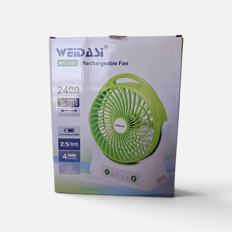 پنکه شارژی و رومیزی ویداسی (WEIDASI) مدل WD-202 سایز ۷.۵ اینچ به همراه چراغ ۴ SMD