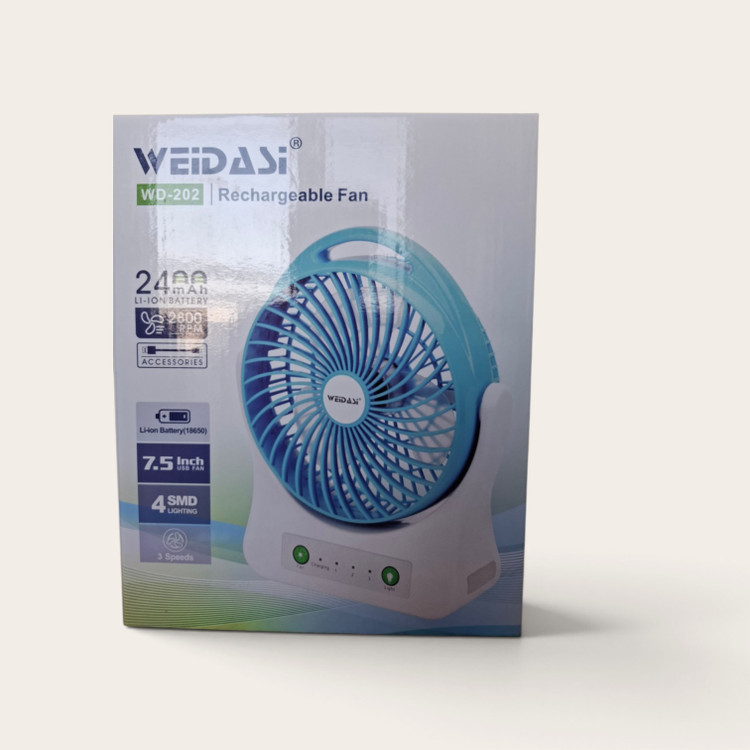 پنکه شارژی و رومیزی ویداسی (WEIDASI) مدل WD-202 سایز ۷.۵ اینچ به همراه چراغ ۴ SMD
